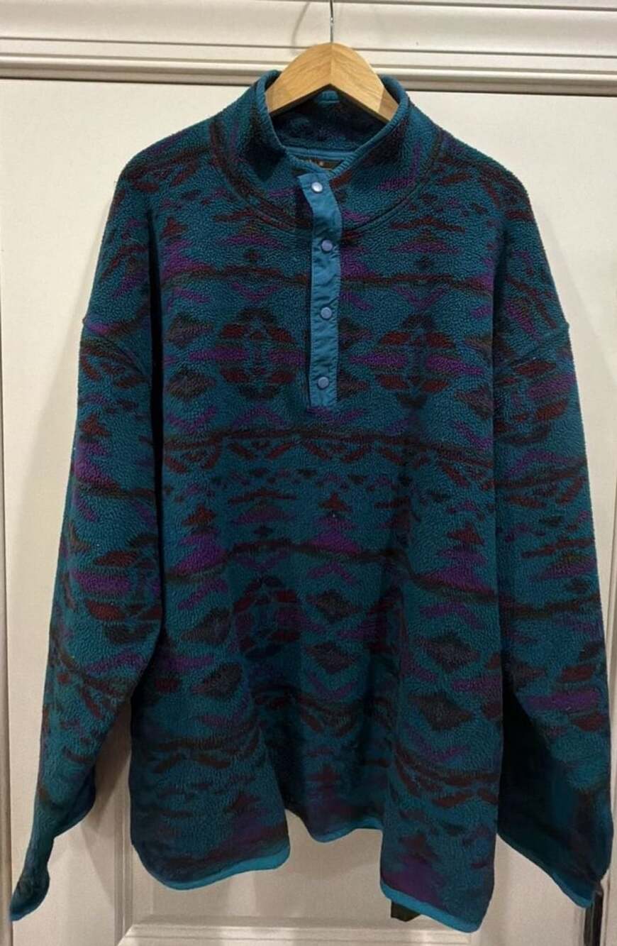 Vintage Eddie Bauer Fleece Pullover Size XL Teal Aztec Print Snap Neck